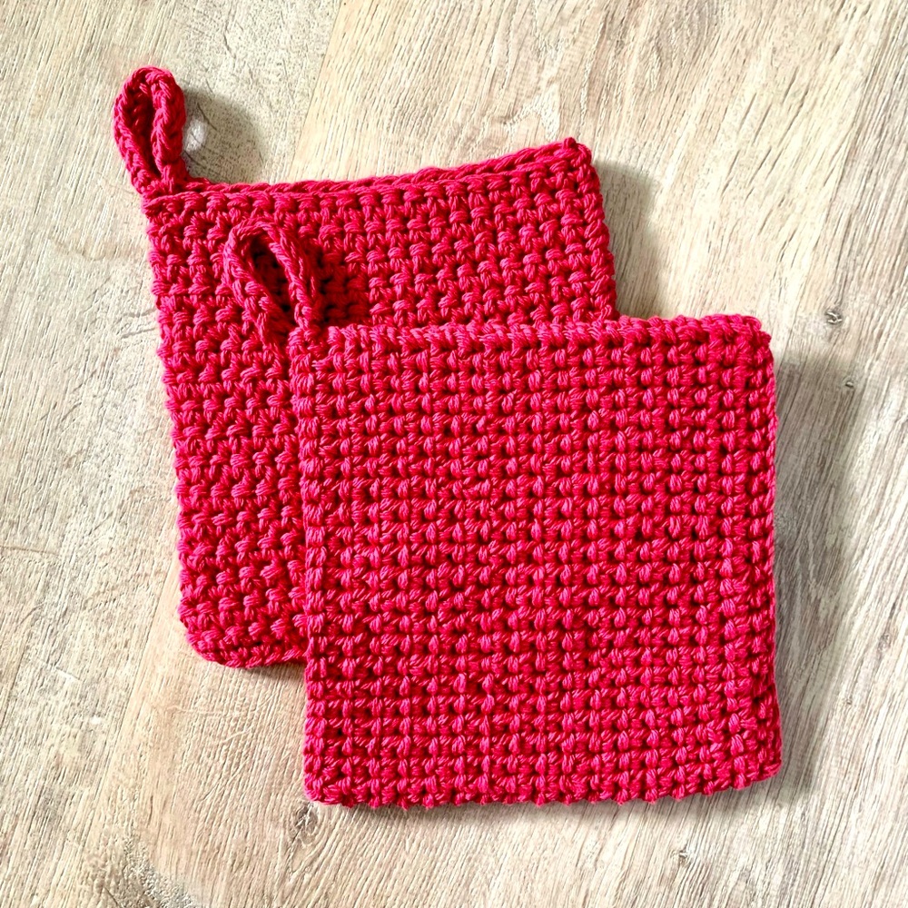 Handmade Hot pads Potholders Thermal Crochet Set Of 2 Crimson Red Minimalist